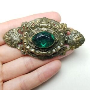 Vintage Green Rhinestone And Bronze Color Metal Brooch, Antique Style, Estate